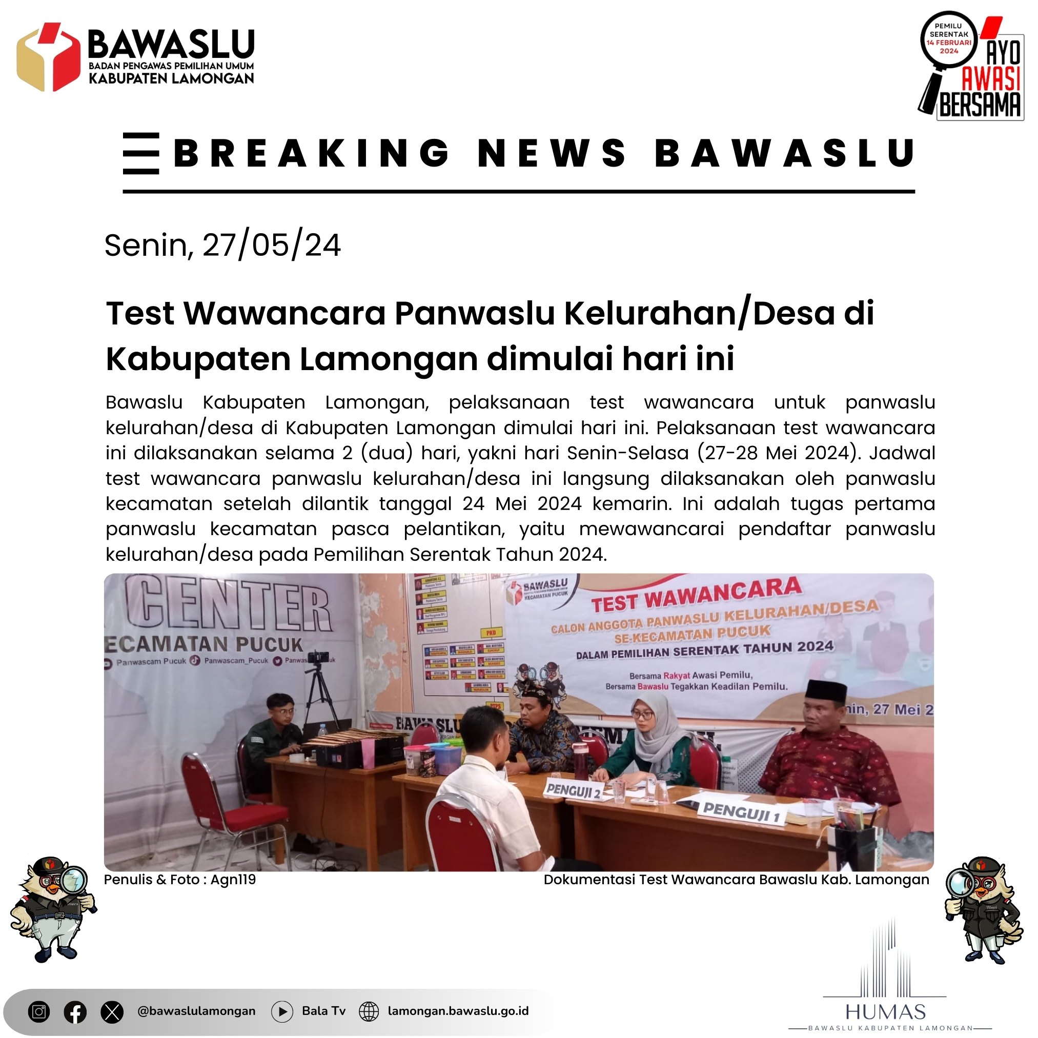 TES WAWANCARA PANWASLU KELURAHAN/DESA DI KABUPATEN LAMONGAN DILAKSANAKAN MULAI HARI INI