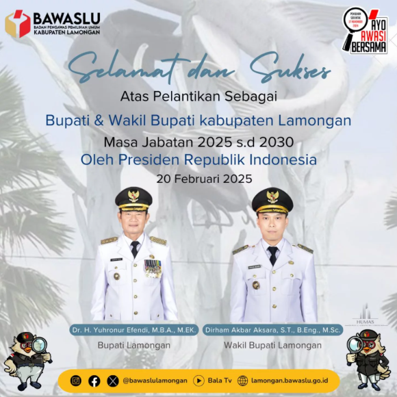 Bawaslu Lamongan Apresiasi Pelantikan Bupati dan Wakil Bupati Baru, Tegaskan Komitmen Pengawasan dan Netralitas.