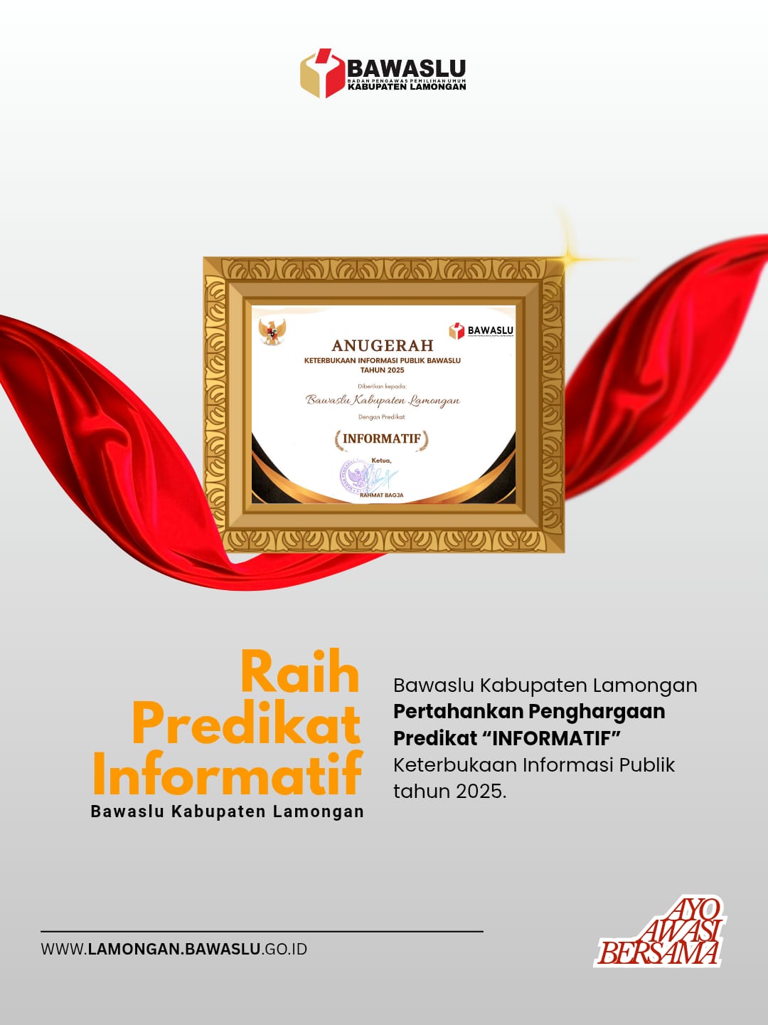Bawaslu Kabupaten Lamongan Raih Predikat Kategori "Informatif", Pada Ajang Penganugerahan Keterbukaan Informasi Publik Tahun 2025 Bawaslu RI